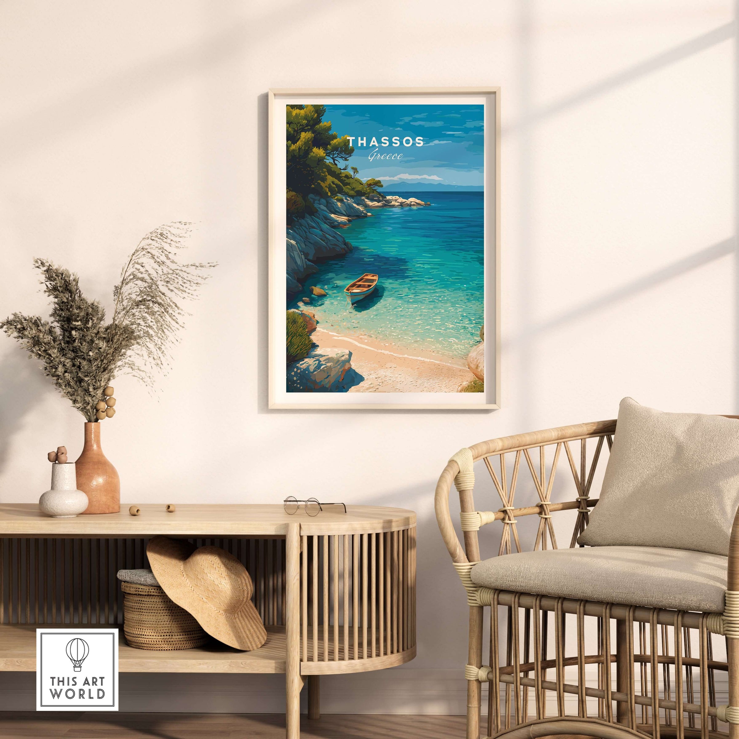 Thassos Print | Greek Island Travel Wall Decor featuring a serene beach scene in a stylish interior setting.