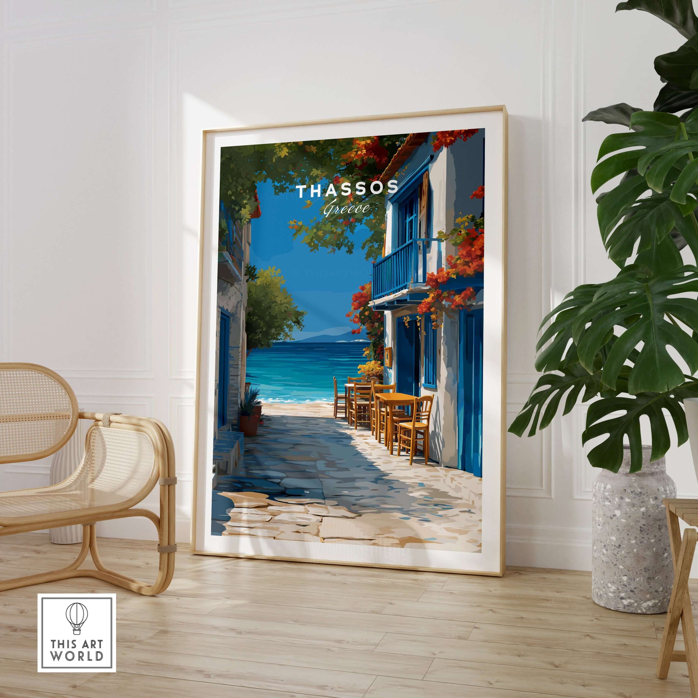 Thassos Poster | Greek Island Wall Decor featuring a colorful coastal scene with blue buildings and sandy beach.