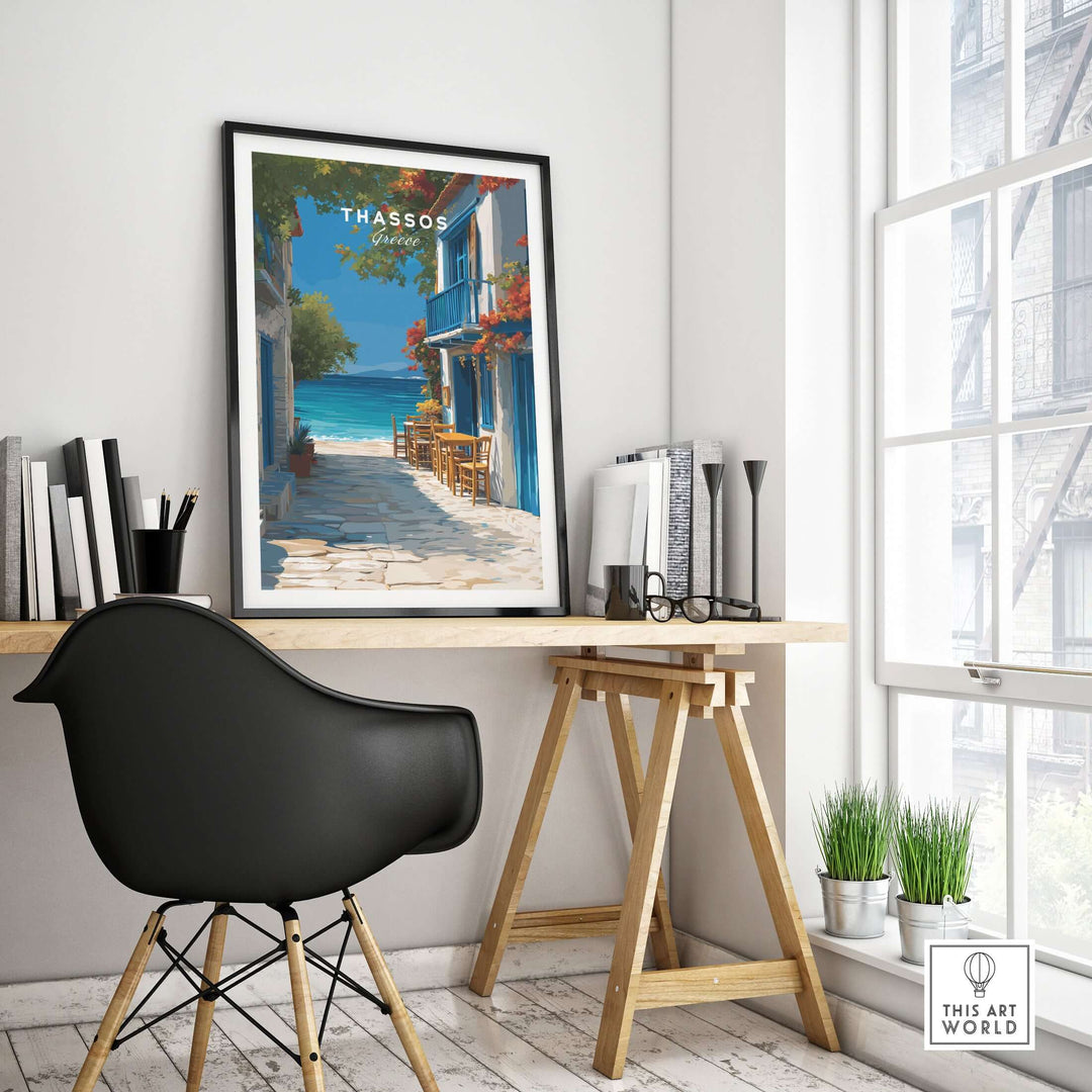 Thassos Poster | Greek Island Wall Decor displayed in a modern workspace with coastal views.