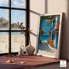 Thassos Poster | Greek Island Wall Decor showcased on a wooden table by a sunny window.
