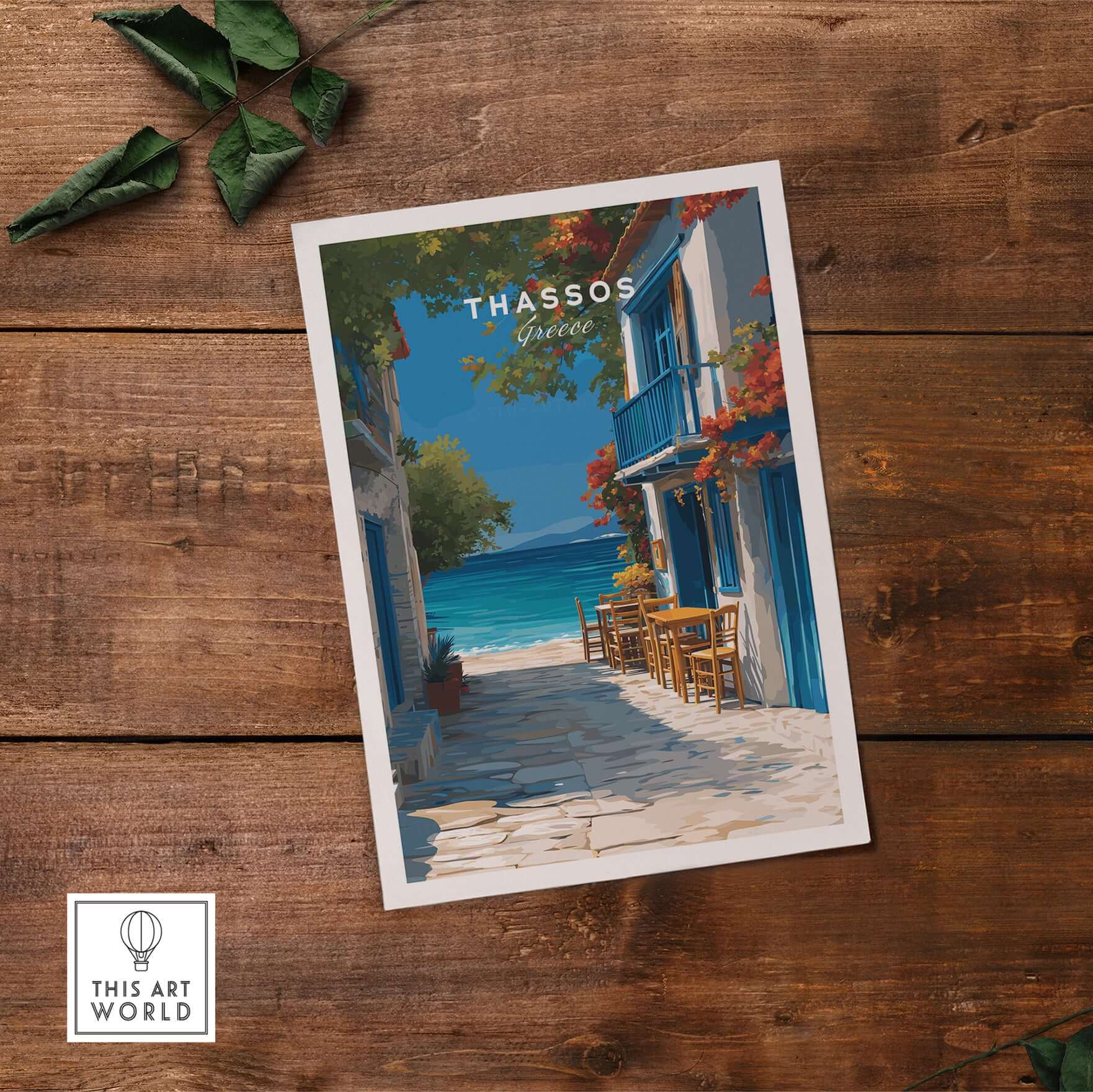 Thassos Poster | Greek Island Wall Decor featuring a picturesque street in Thassos, Greece, with coastal views.