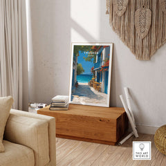 Thassos Poster | Greek Island Wall Decor showcasing vibrant coastal views in a stylish home setting.
