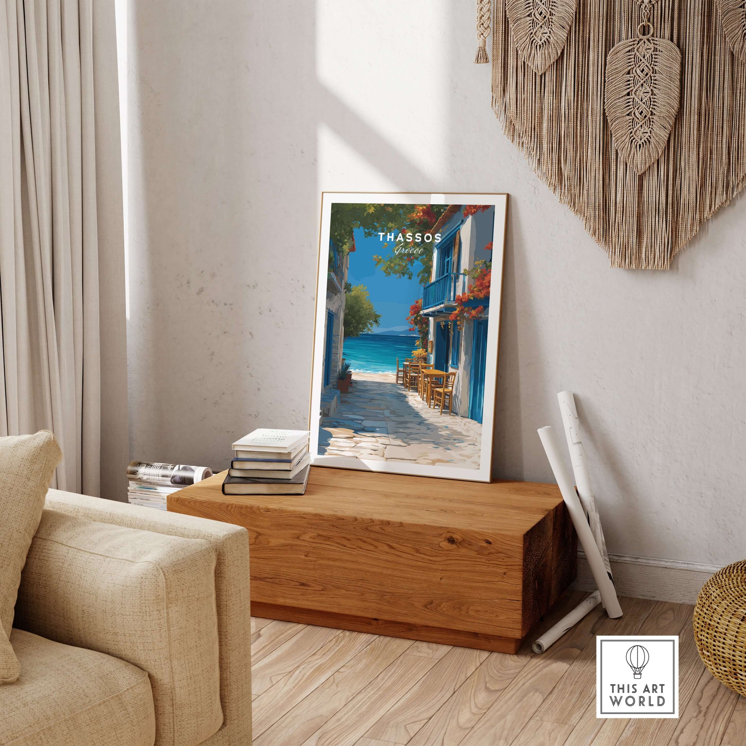 Thassos Poster | Greek Island Wall Decor showcasing vibrant coastal views in a stylish home setting.