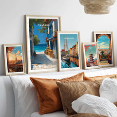 Thassos Poster | Greek Island Wall Decor displayed with other city posters in a stylish home setting.