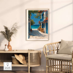 Thassos Poster | Greek Island Wall Decor featuring a vibrant coastal scene in a stylish home setting.