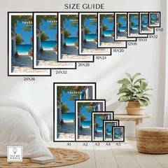 Thassos Poster | Greek Island Wall Decor size guide showcasing various frame sizes for wall art.