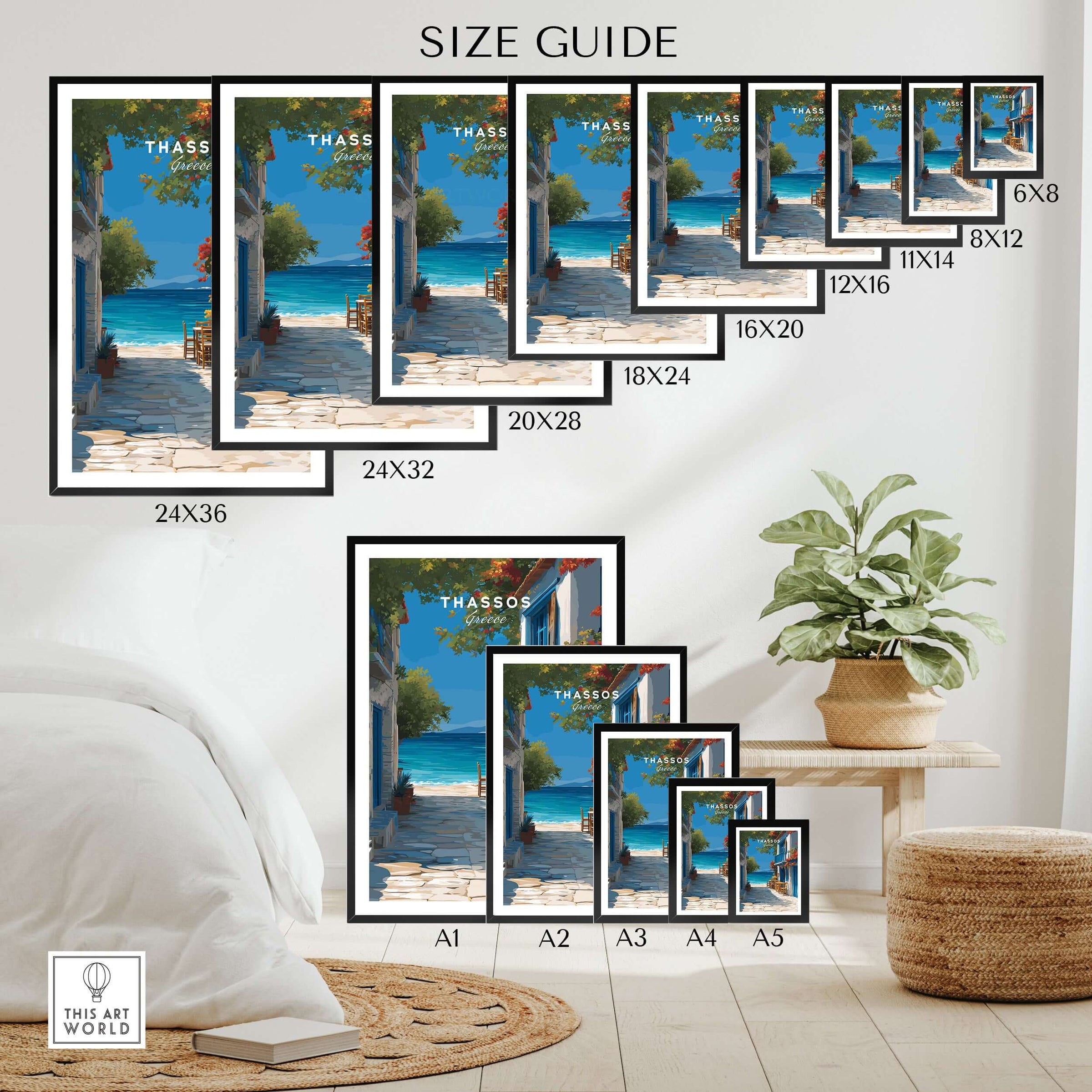 Thassos Poster | Greek Island Wall Decor size guide showcasing various frame sizes for wall art.