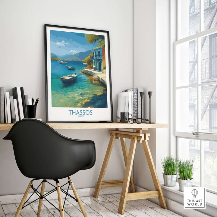 Thassos Print Greece Seascape Poster displayed in a modern home office setting with a beach view.