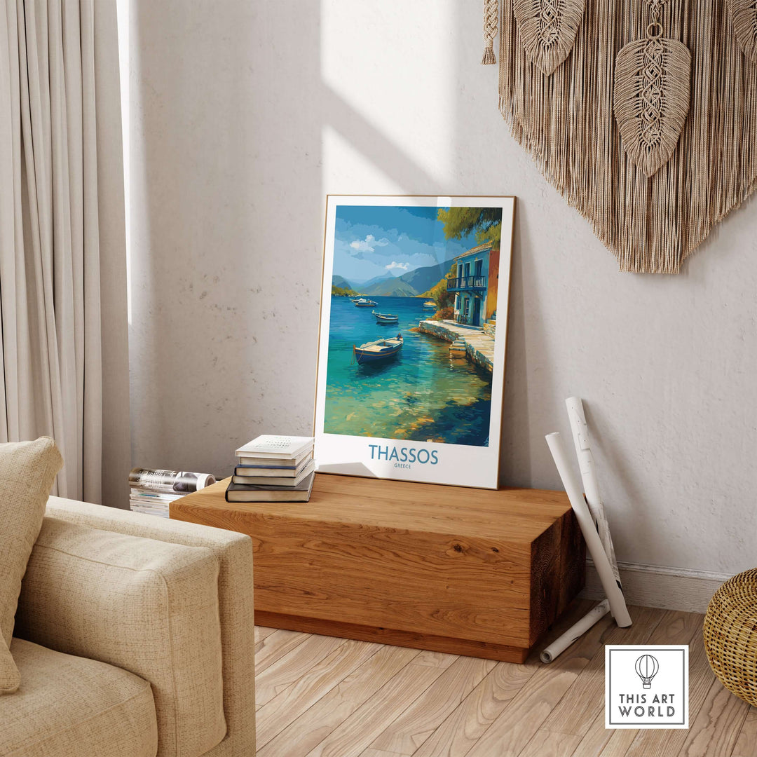 Thassos Print Greece Seascape Poster displayed in a cozy living room, featuring stunning Aegean waters and a boat.