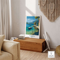 Thassos Print Greece Seascape Poster displayed in a cozy living room with wooden decor and natural light.
