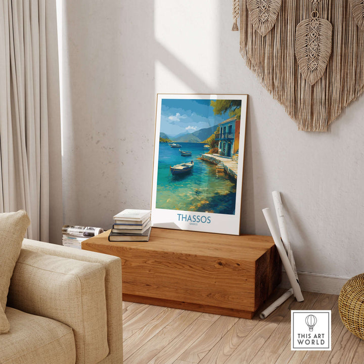 Thassos Print Greece Seascape Poster displayed in a cozy living room, featuring stunning Aegean waters and a boat.