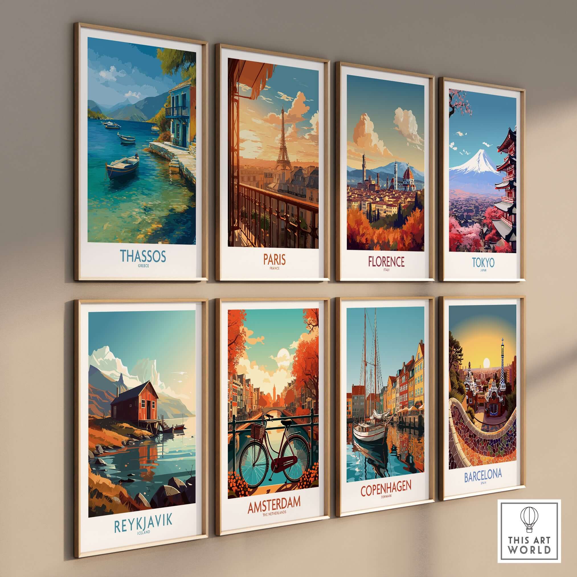Thassos Print Greece Seascape Poster displayed among colorful city prints in a stylish gallery wall.