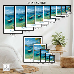 Thassos Print Greece Seascape Poster size guide featuring various dimensions and beautiful boat scenes.