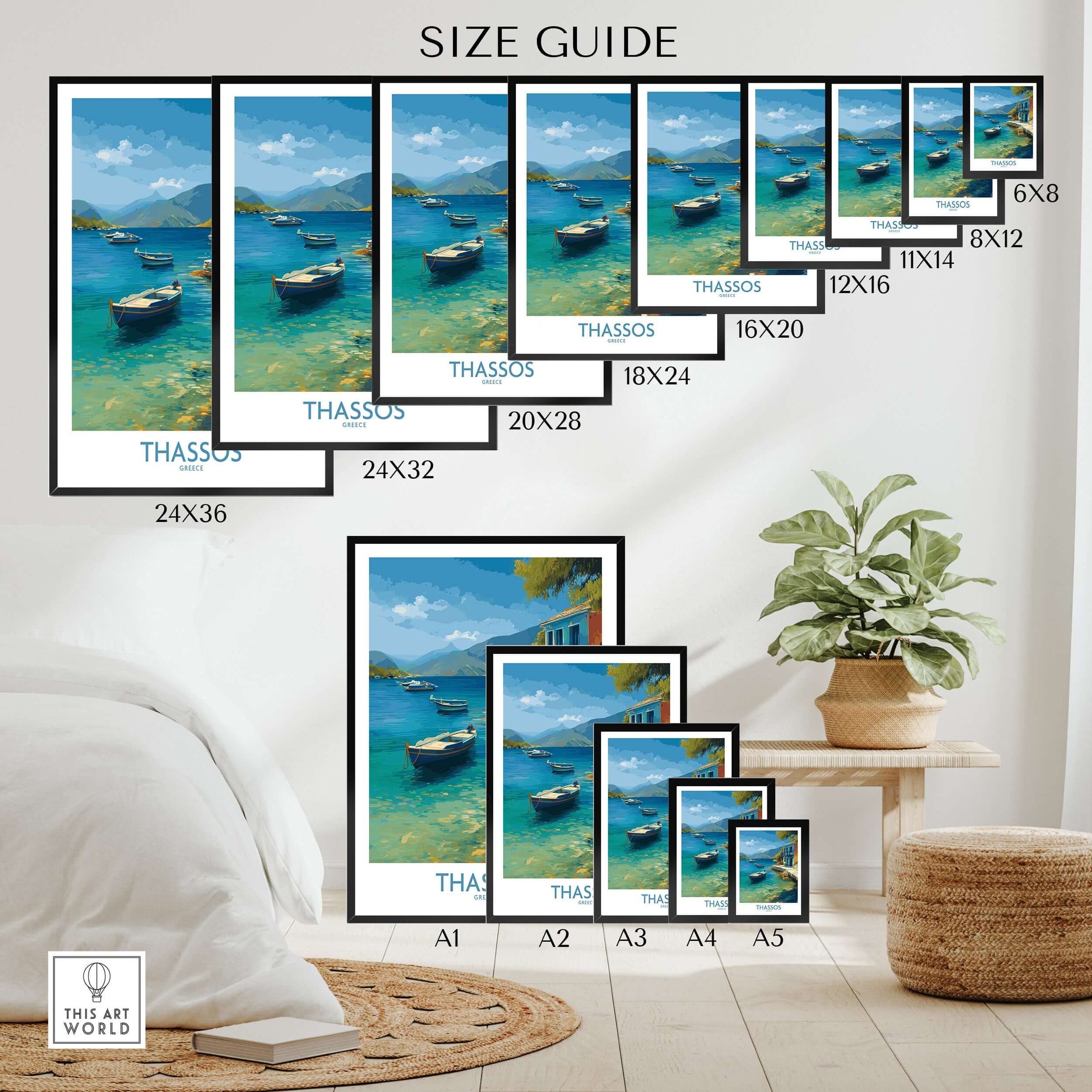 Thassos Print Greece Seascape Poster size guide featuring various dimensions and beautiful boat scenes.