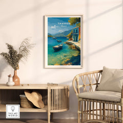 Thassos Print | Greek Home Wall Art displayed in a cozy living room setting with serene coastal view.
