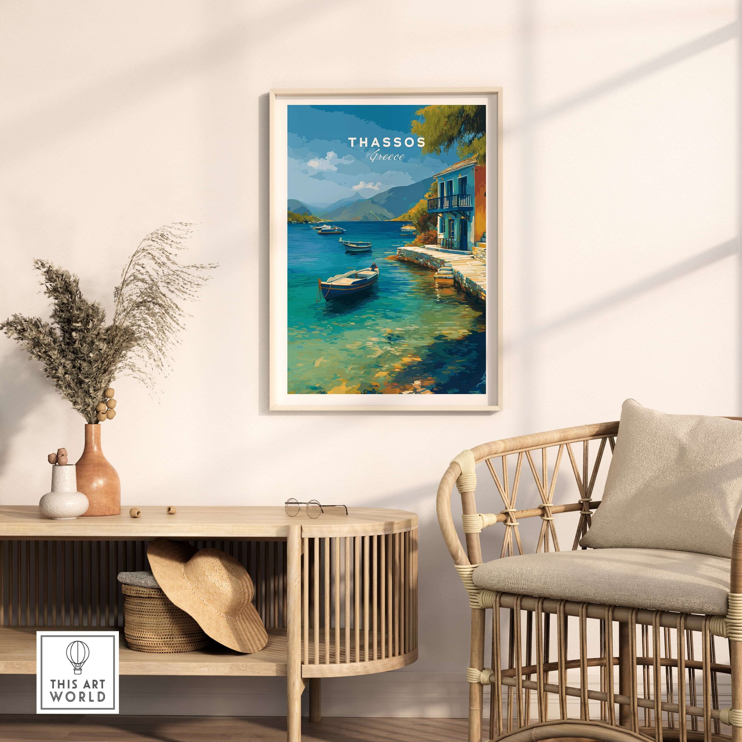 Thassos Print | Greek Home Wall Art displayed in a cozy living room setting with serene coastal view.