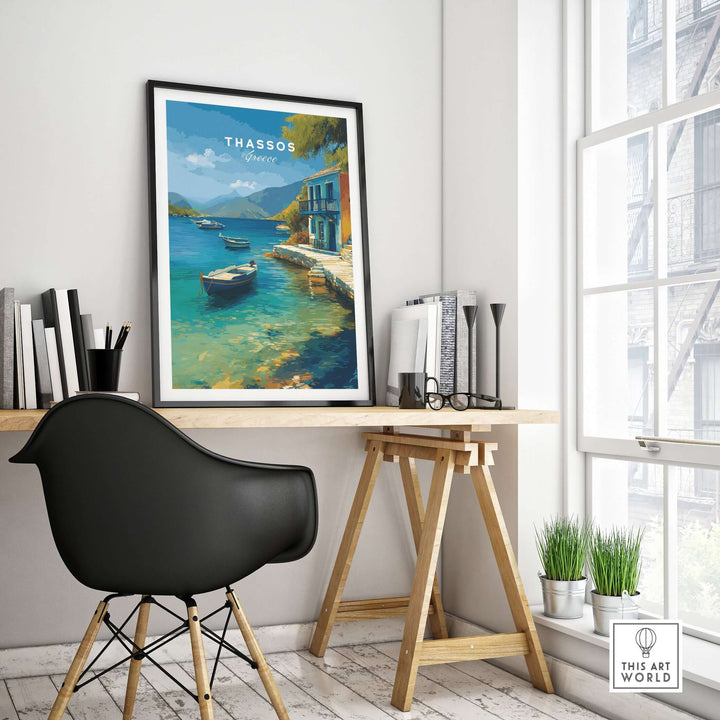 Thassos Print | Greek Home Wall Art displayed in a stylish home office, featuring serene coastal views.