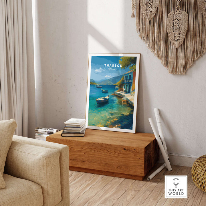 Thassos Print | Greek Home Wall Art displayed in a cozy living room with coastal scenery.