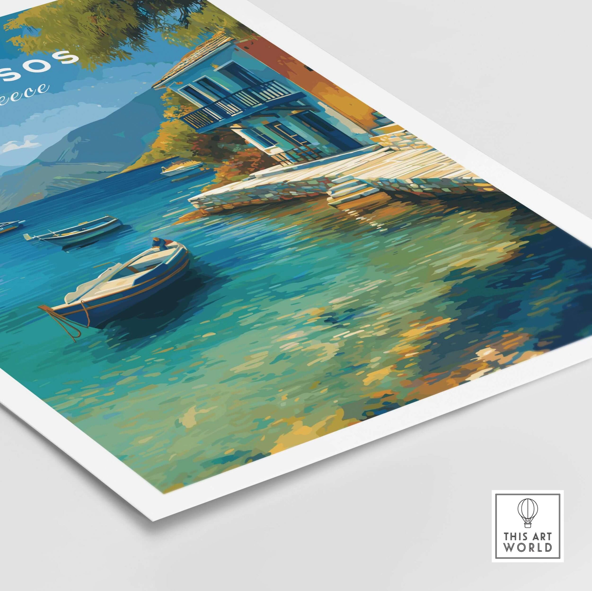 Thassos Print | Greek Home Wall Art showcasing a coastal scene with boats and vibrant Mediterranean colors.