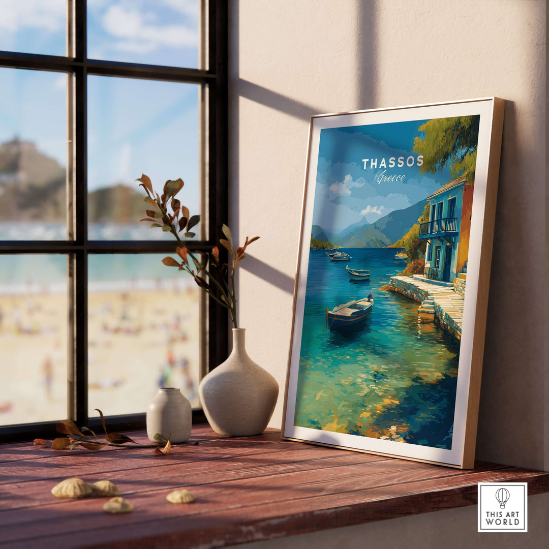 Thassos Print | Greek Home Wall Art featuring a coastal scene with a framed print in a sunlit room.