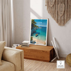Thassos Print | Greek Island Travel Wall Decor featuring a serene beach scene in a living room setting.