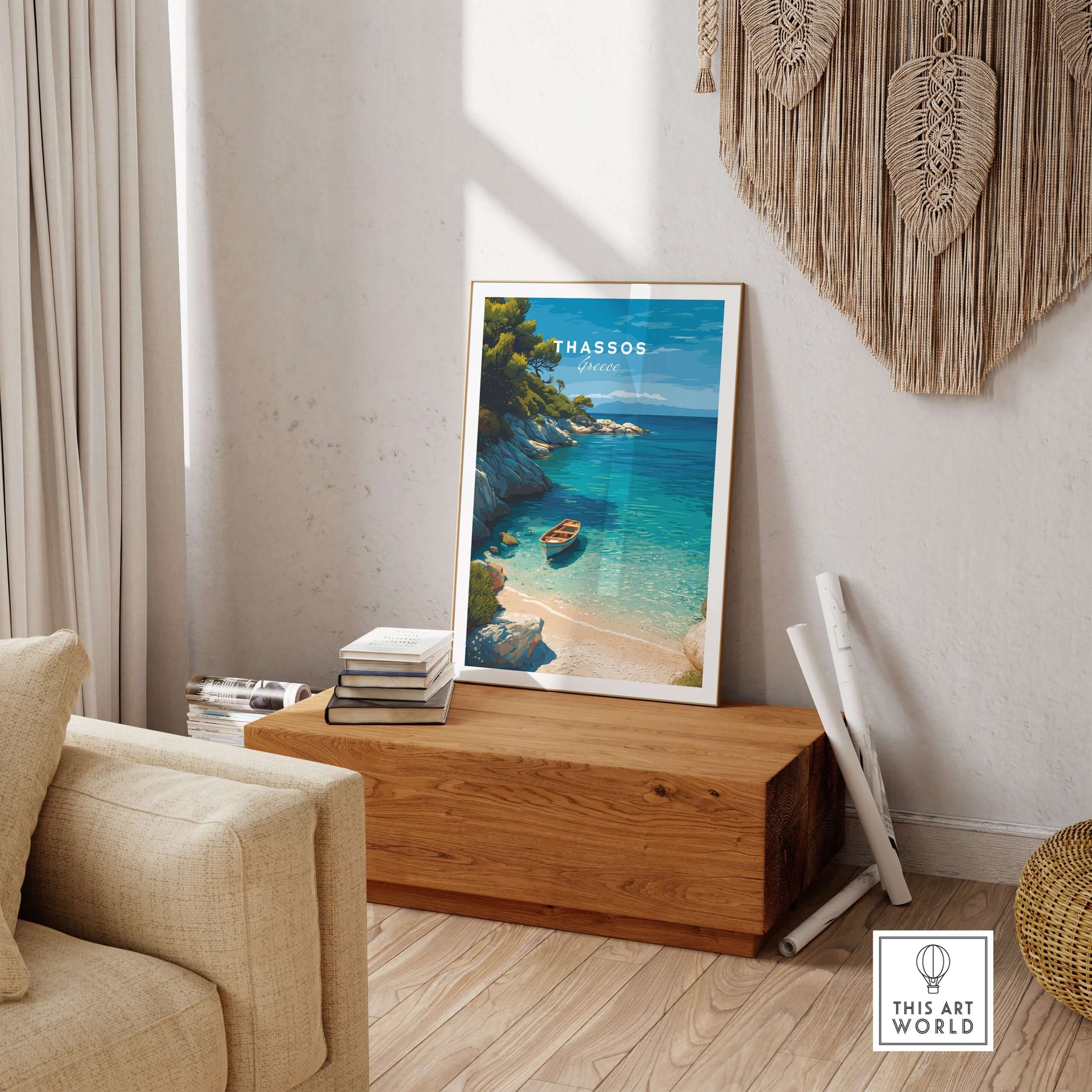 Thassos Print | Greek Island Travel Wall Decor featuring a serene beach scene in a living room setting.