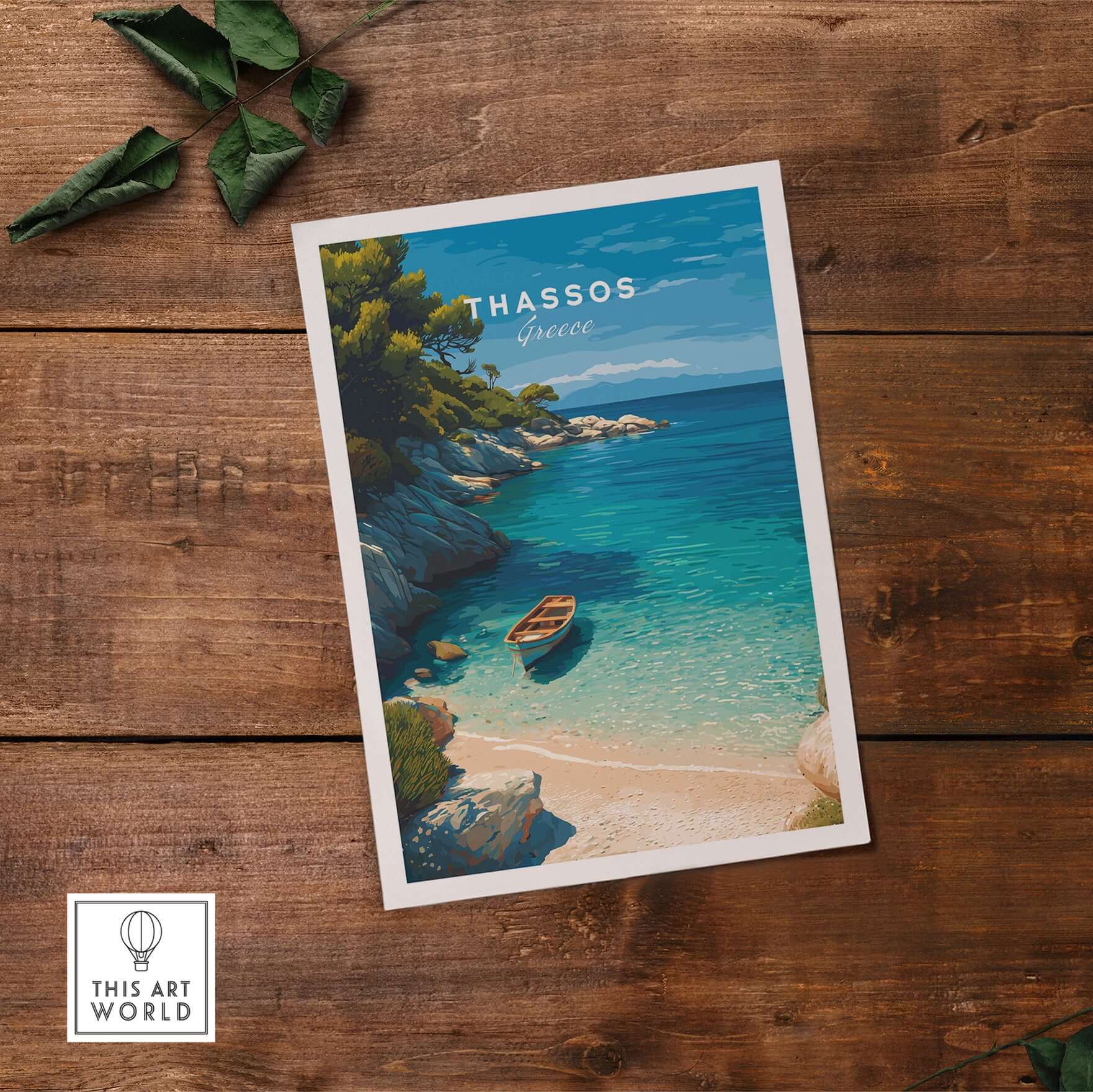 Thassos Print | Greek Island Travel Wall Decor featuring a serene beach scene on a wooden background.