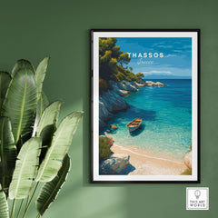 Thassos Print | Greek Island Travel Wall Decor featuring a serene beach scene and tranquil blue waters.