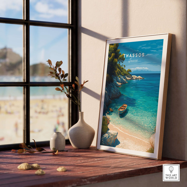 Thassos Print | Greek Island Travel Wall Decor displayed in a sunlit room with a serene beach scene.