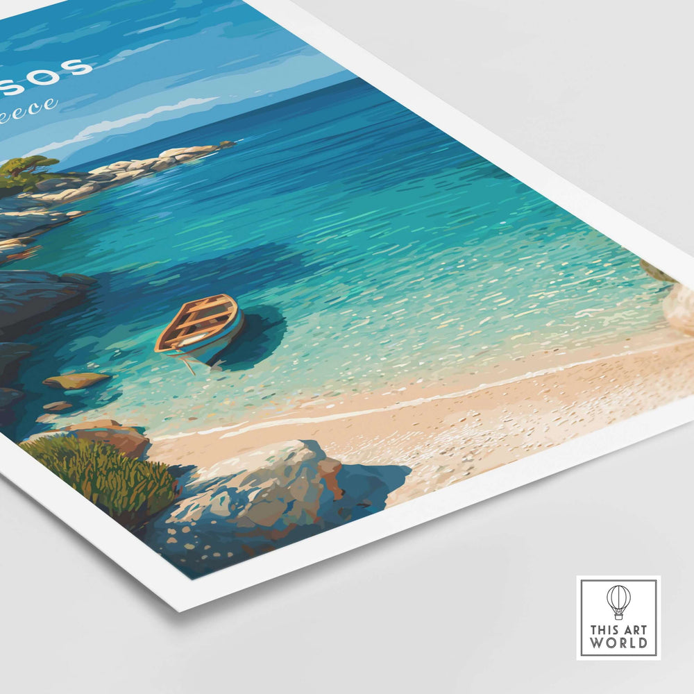 Thassos Print | Greek Island Travel Wall Decor featuring serene beach scene with a boat in clear water.