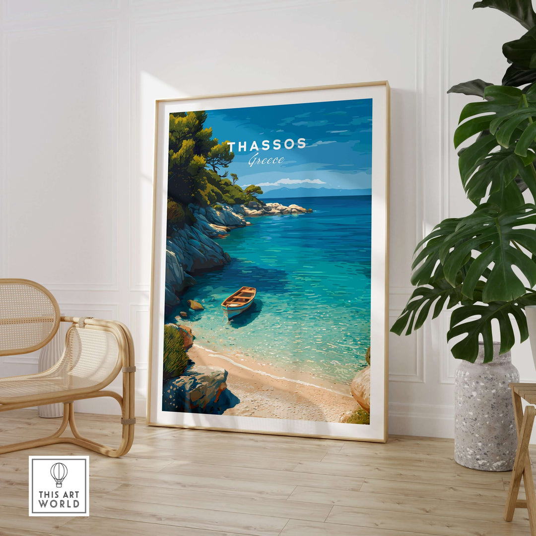 Thassos Print | Greek Island Travel Wall Decor showcasing a serene beach scene with a boat.