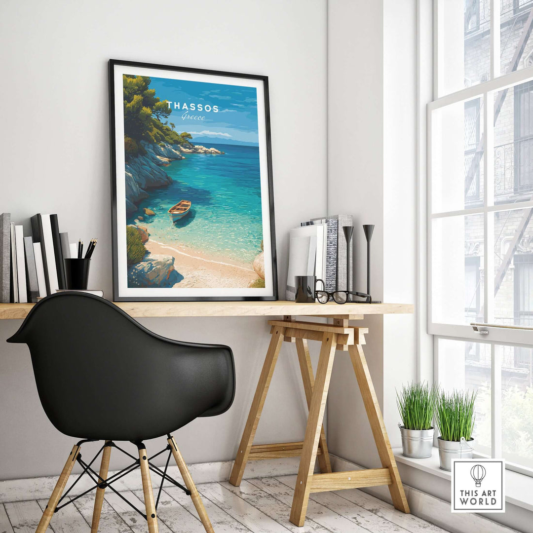 Thassos Print | Greek Island Travel Wall Decor showcasing a serene beach scene in a modern interior.