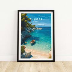 Thassos Print | Greek Island Travel Wall Decor featuring a serene beach with boat and crystal-clear waters.