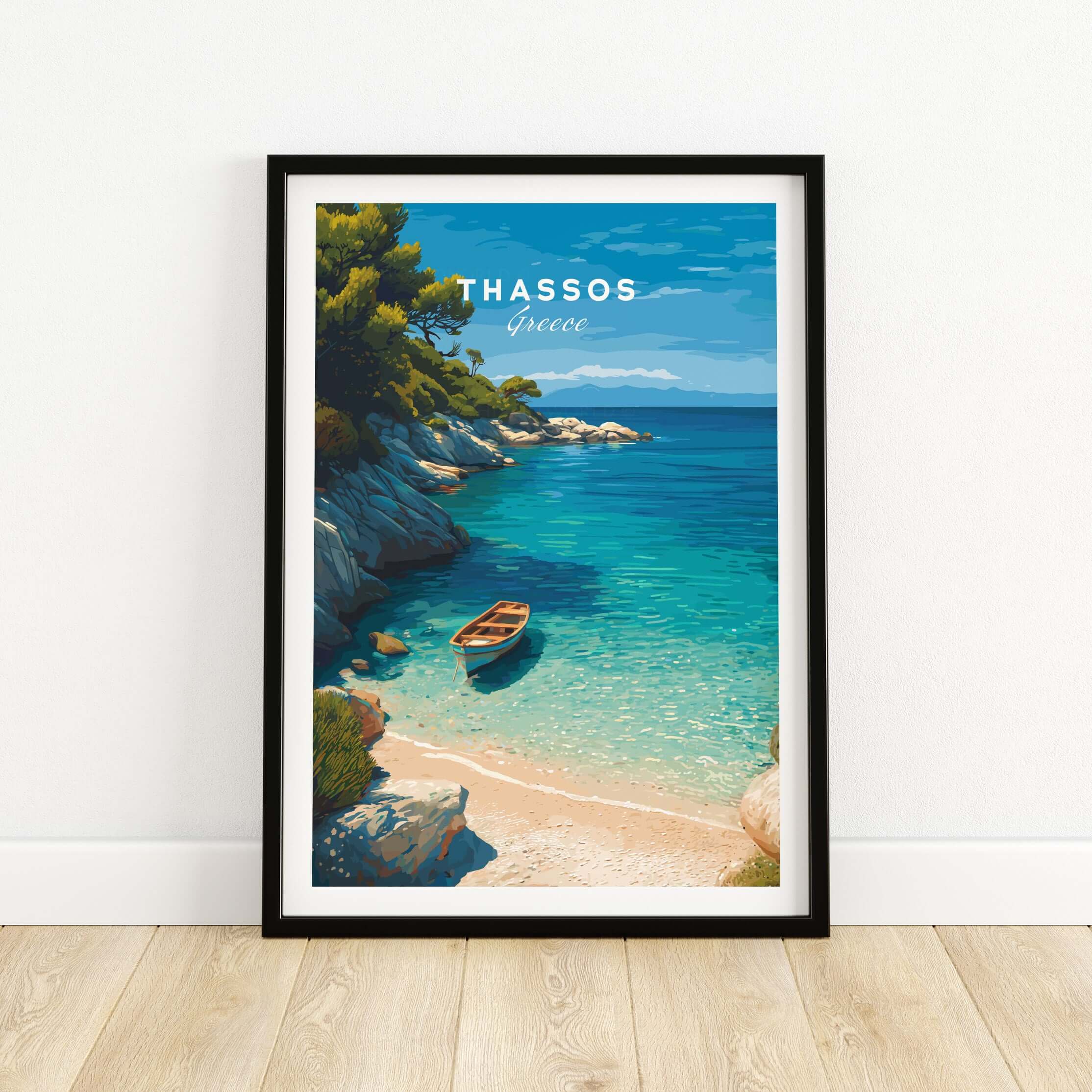 Thassos Print | Greek Island Travel Wall Decor featuring a serene beach with boat and crystal-clear waters.