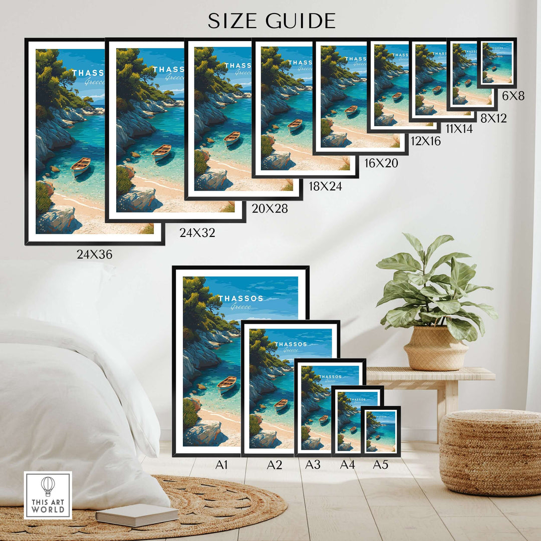 Thassos Print | Greek Island Travel Wall Decor size guide showing various frame sizes and beach scene.