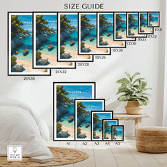 Thassos Print | Greek Island Travel Wall Decor size guide showcasing various print sizes and framing options.