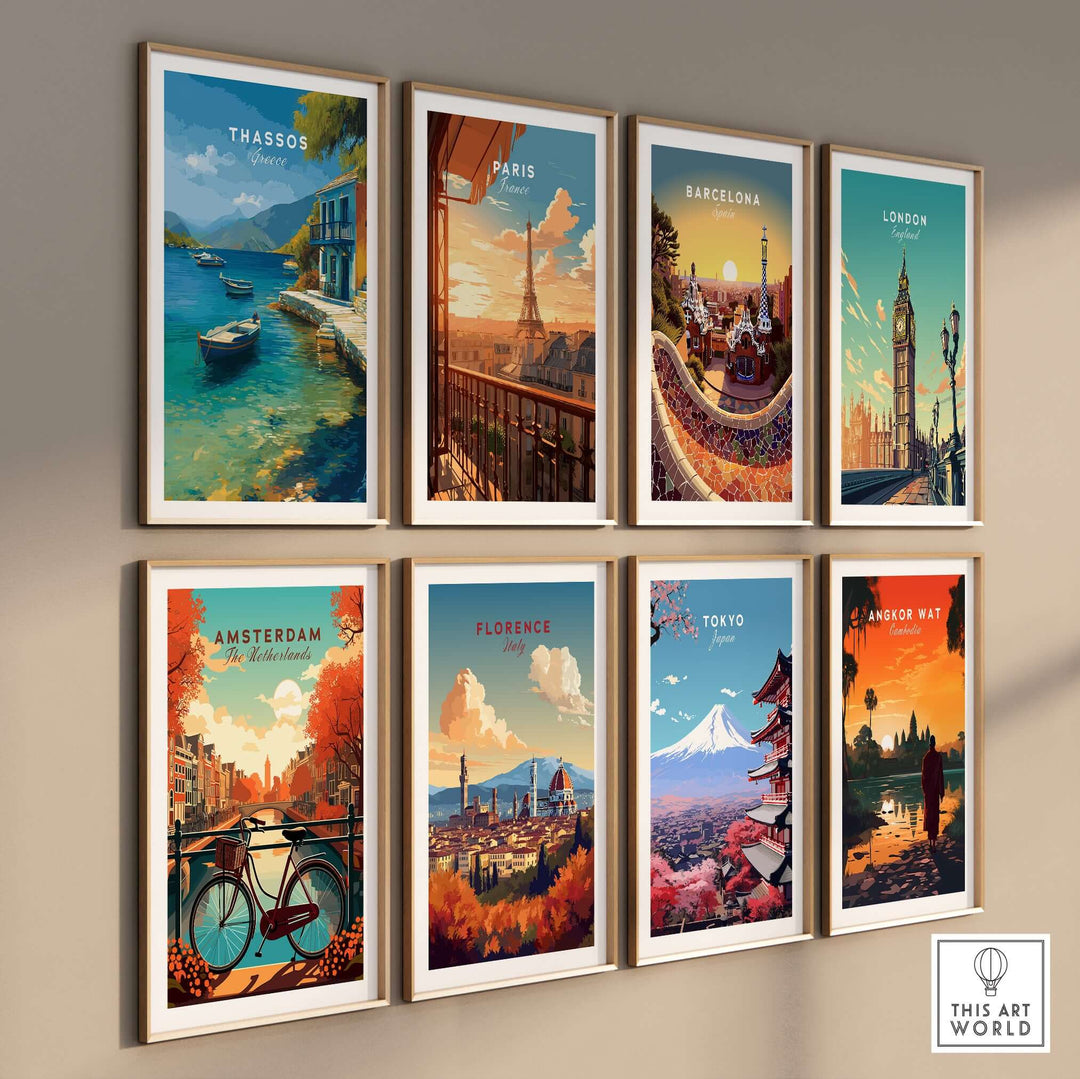 Thassos Print | Greek Home Wall Art showcase among other city artwork, vibrant Mediterranean colors, and coastal scenes.