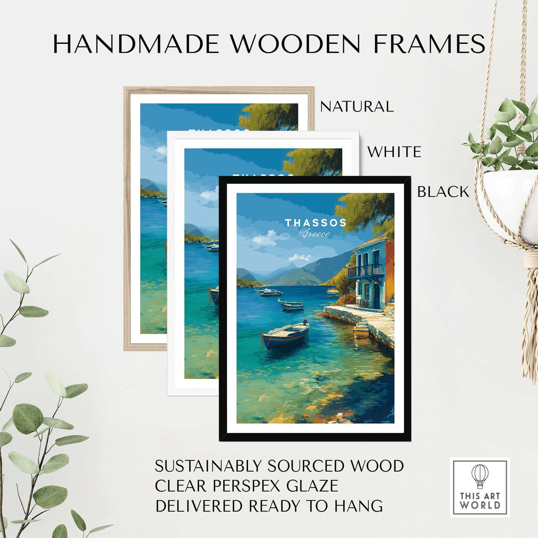 Thassos Print | Greek Home Wall Art displayed in handmade wooden frames in natural, white, and black colors.