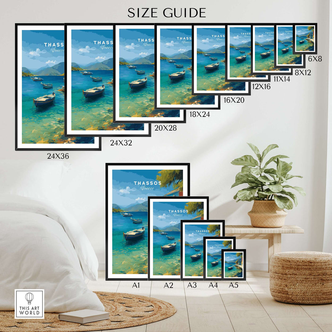 Thassos Print | Greek Home Wall Art size guide showcasing various frame sizes and coastal artwork.