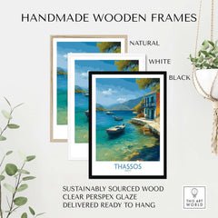 Thassos Print Greece Seascape Poster framed in natural, white, and black handmade wooden frames.