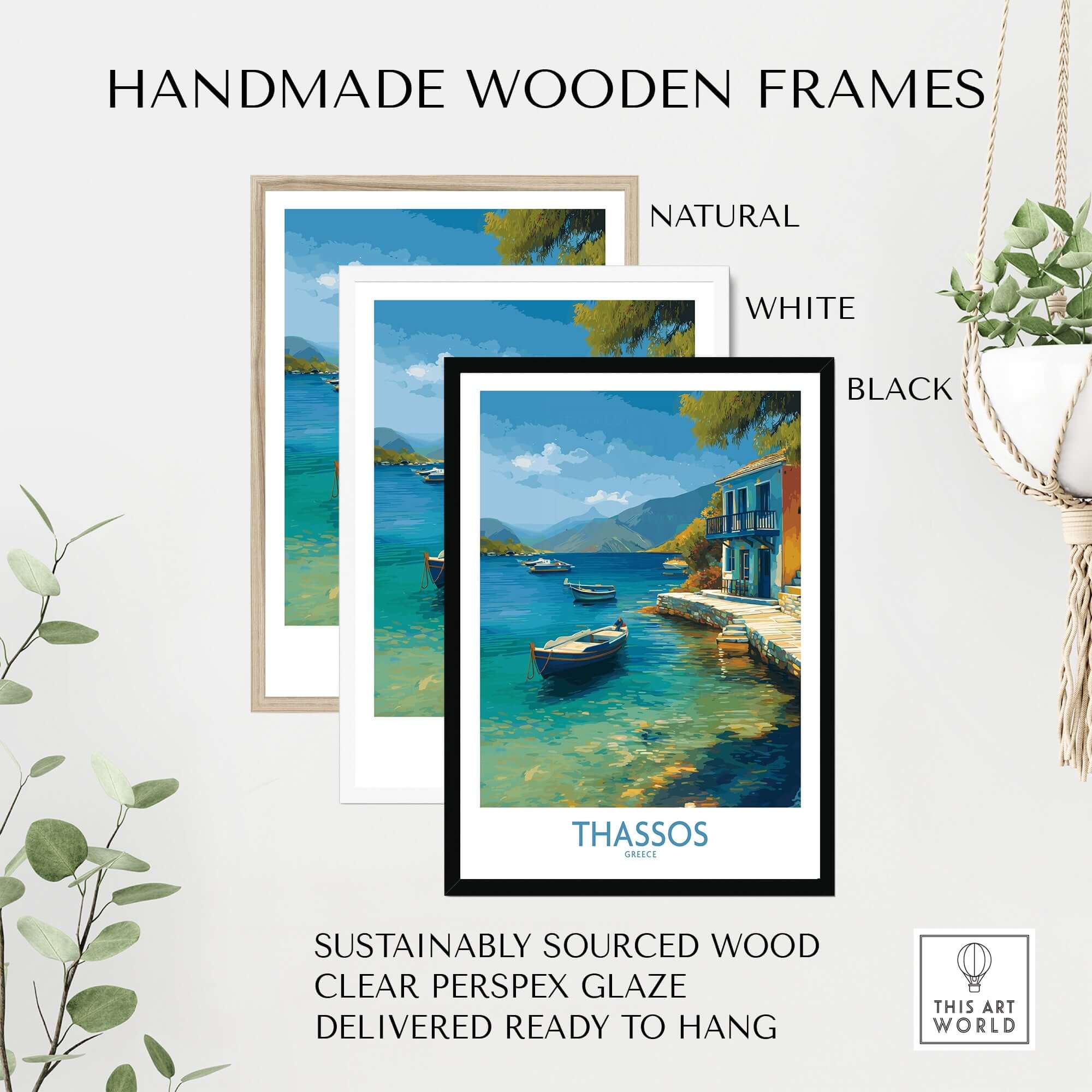 Thassos Print Greece Seascape Poster framed in natural, white, and black handmade wooden frames.
