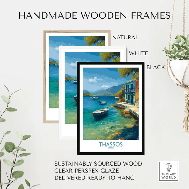 Thassos Print Greece Seascape Poster displayed in three handmade wooden frames: natural, white, and black.