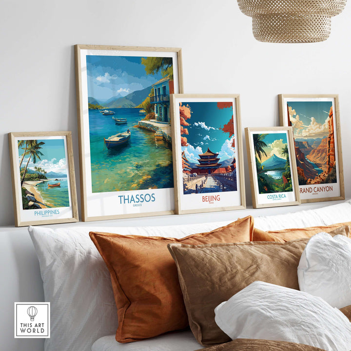 Thassos Print Greece Seascape Poster displayed among other travel art prints in a cozy home setting.