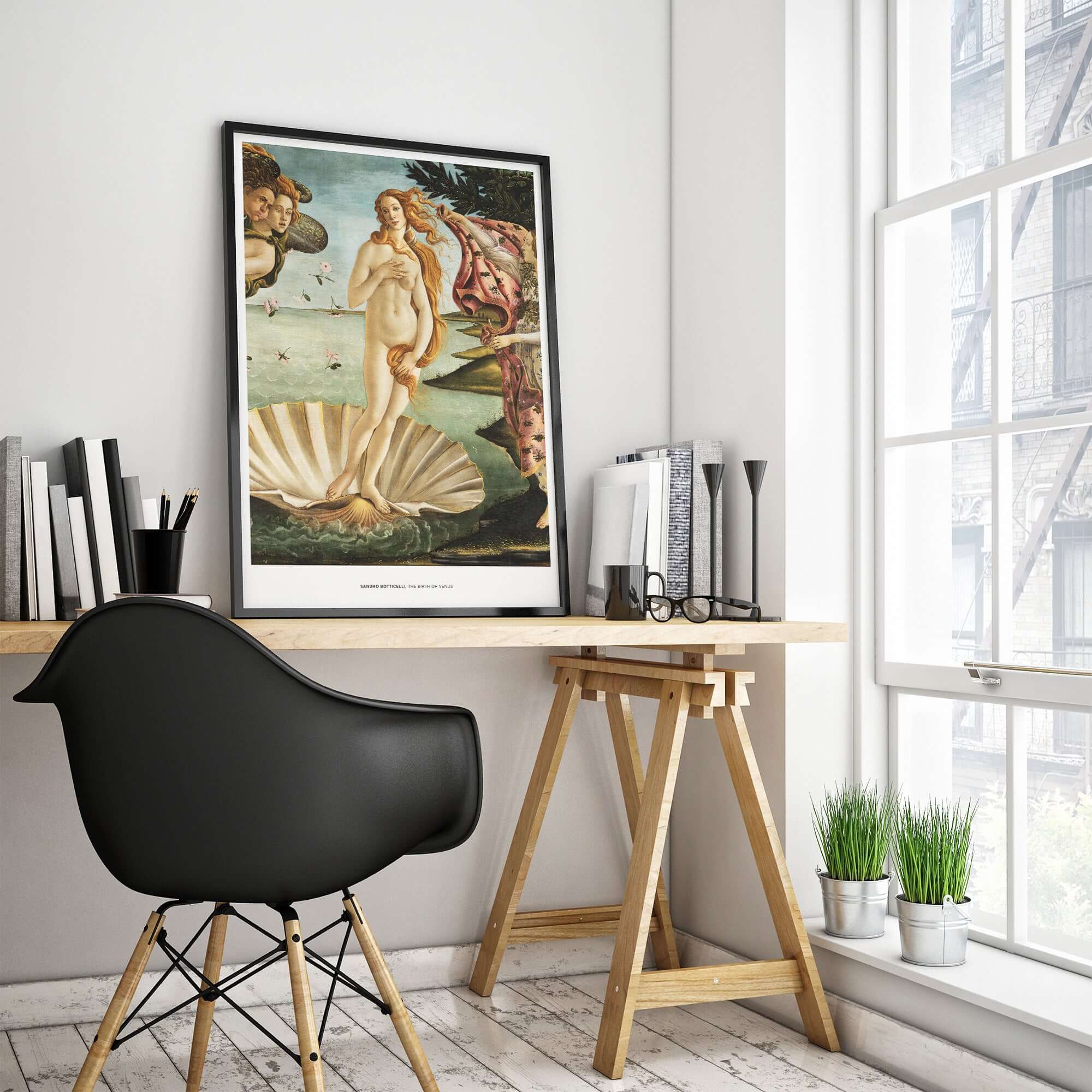 The Birth of Venus Art Print Sandro Botticelli Mythology Poster displayed in a stylish modern workspace.