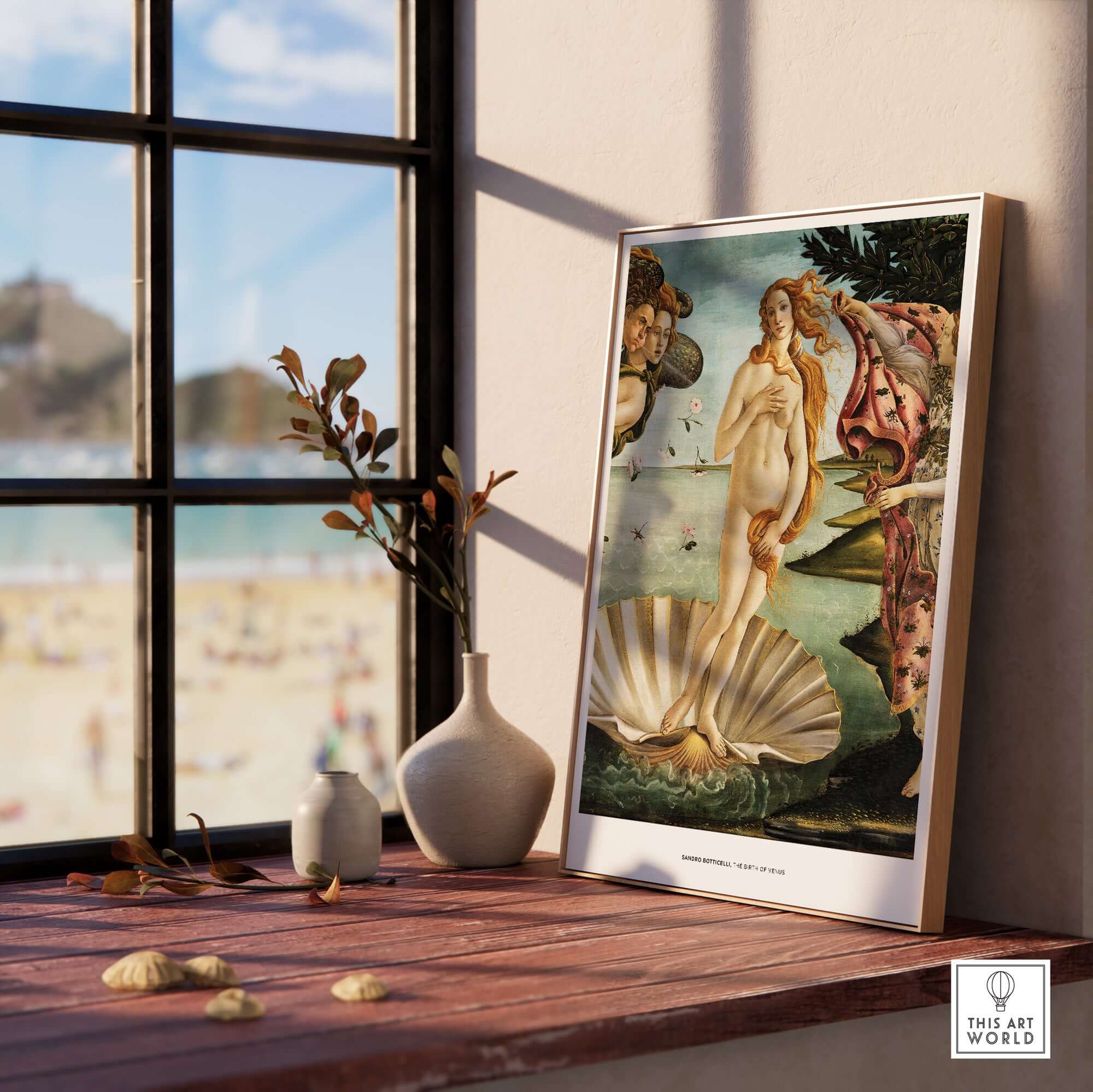 The Birth of Venus Art Print Sandro Botticelli Mythology Poster displayed elegantly in a sunlit room.
