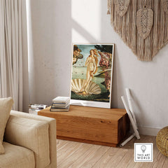 The Birth of Venus Art Print Sandro Botticelli Mythology Poster displayed in a stylish interior setting.