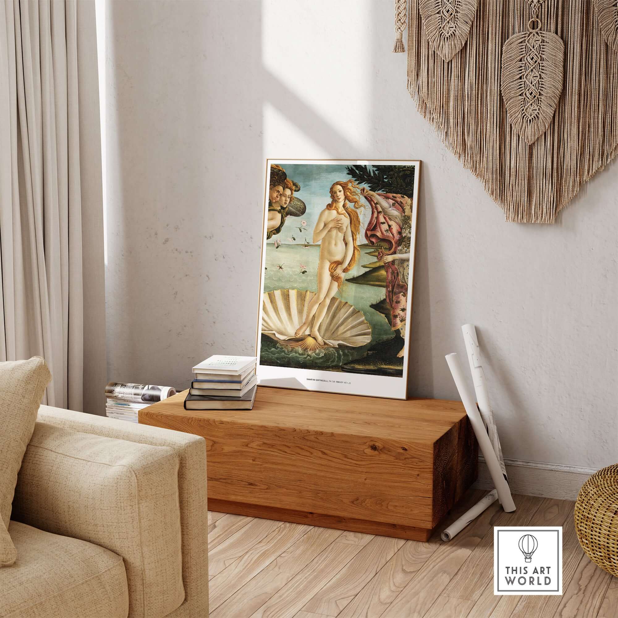 The Birth of Venus Art Print Sandro Botticelli Mythology Poster displayed in a stylish interior setting.