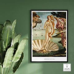 The Birth of Venus Art Print Sandro Botticelli Mythology Poster displayed on a wall with green leaves.