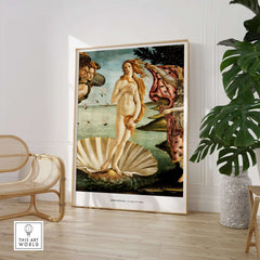 The Birth of Venus Art Print Sandro Botticelli Mythology Poster displayed in a modern interior setting.
