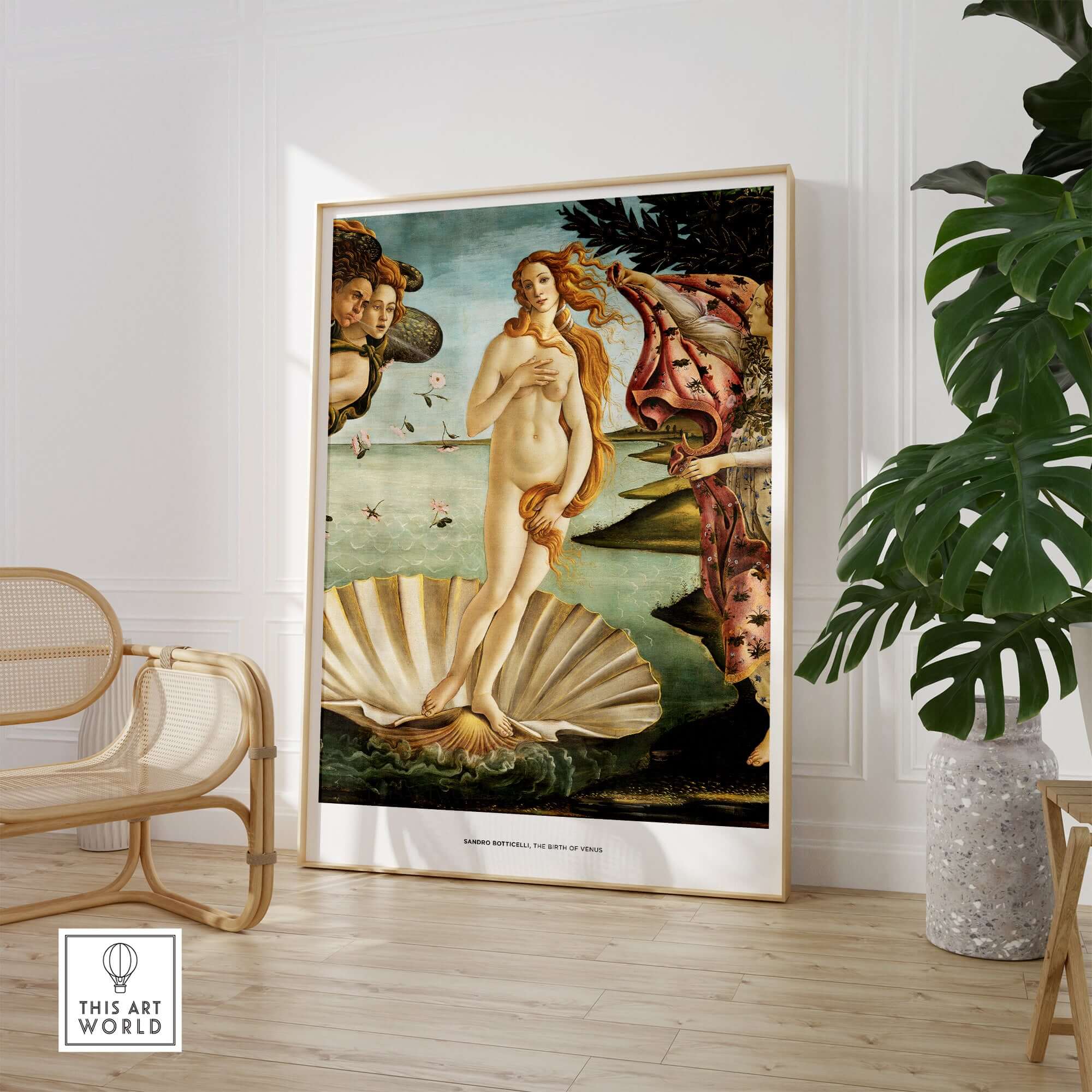 The Birth of Venus Art Print Sandro Botticelli Mythology Poster displayed in a modern interior setting.